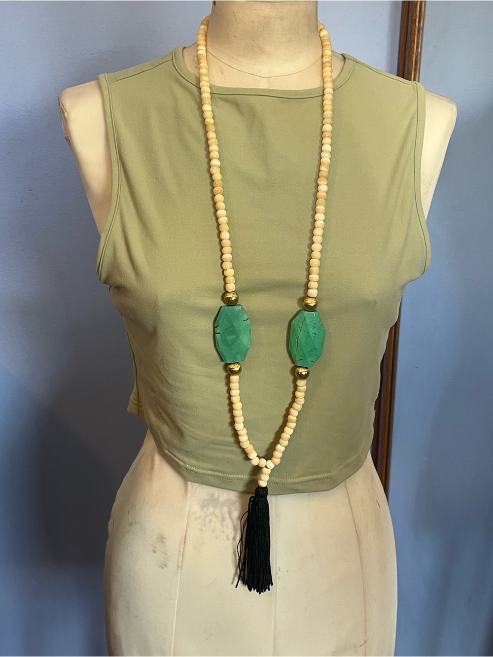 Very Long Acrylic Bead Necklace With Genuine Gemstones And A Tassel